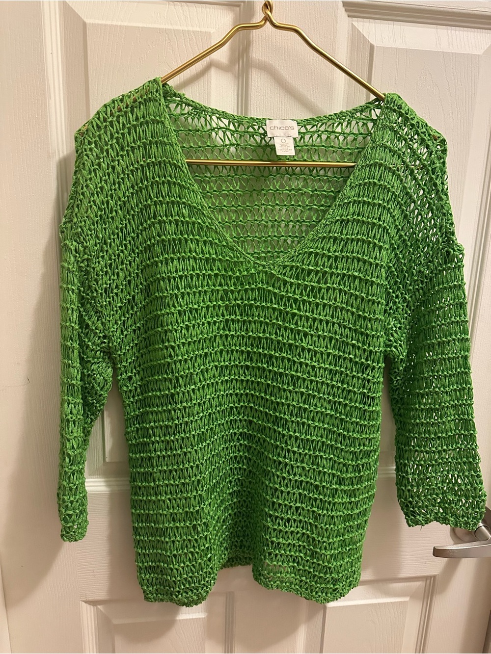 Chico's Open-Weave V-Neck Sweater in Green